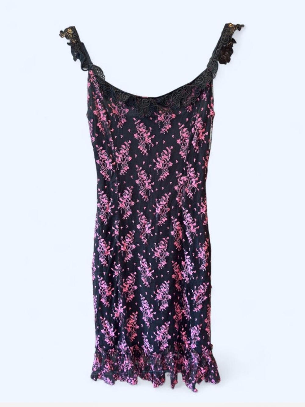 Vintage 90s Betsey Johnson Dress Black Pink Floral Lace Slip Dress